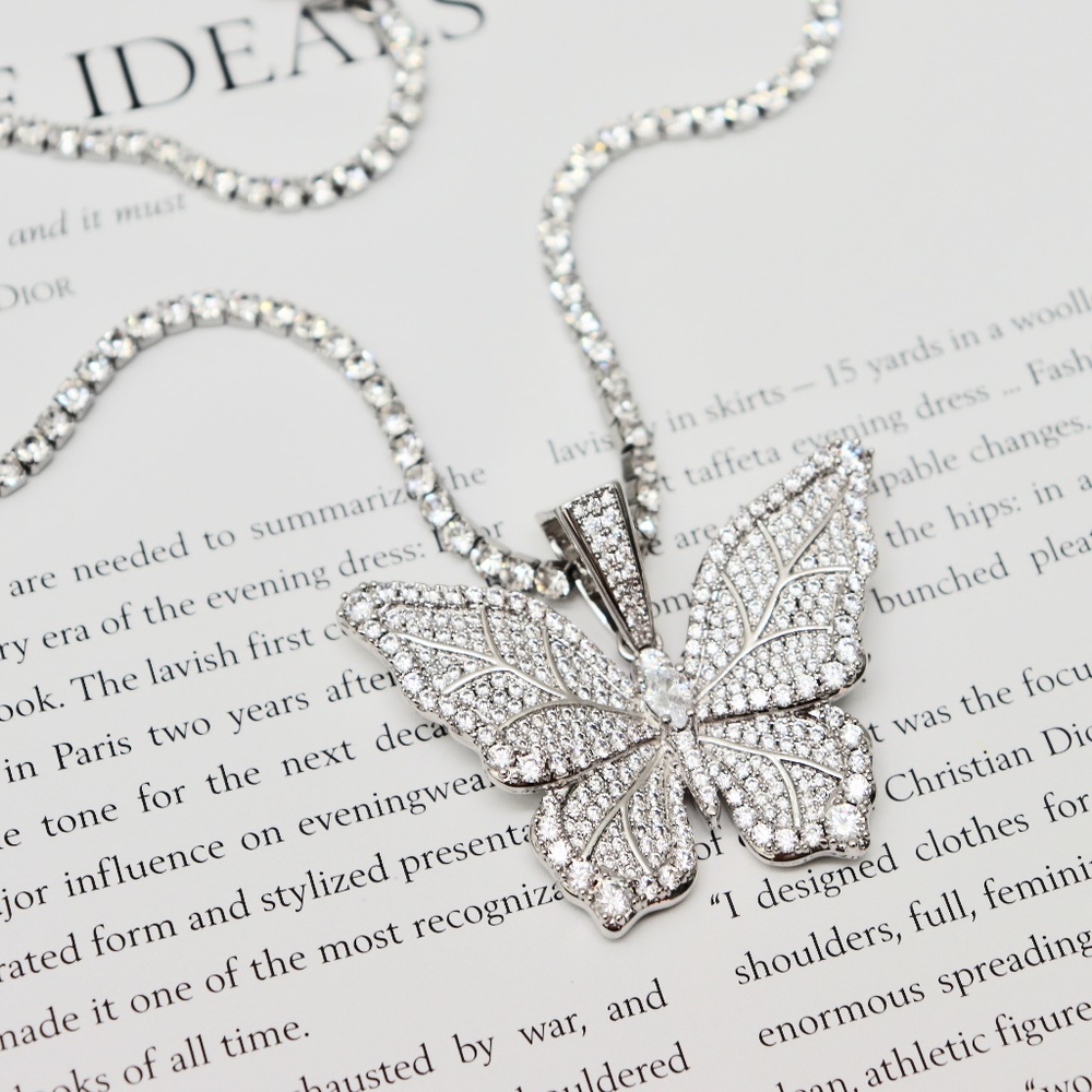 CZ Iced Butterfly Pendant w Gold Silver Iced Chain - Picture 10 of 10